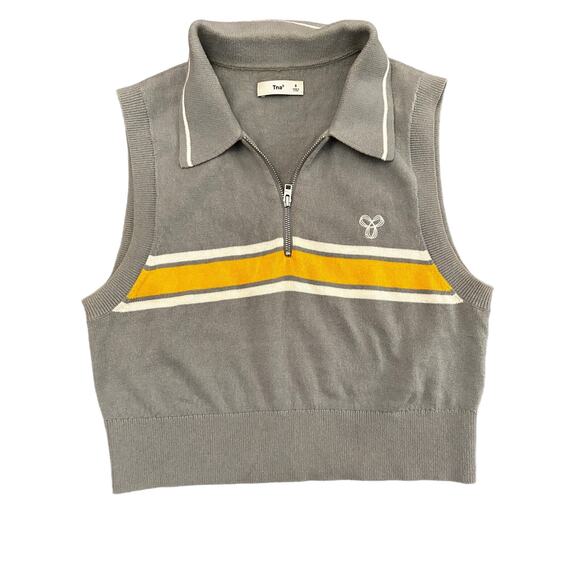 Aritzia Zipped Striped TNA Sweater Vest Dusty Grey white yellow S Top Shirt - Picture 1 of 4